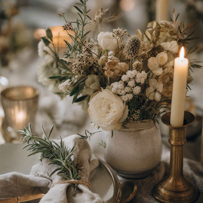 Blomsterarrangemang i vas med mässingsljusstake och linneservett – inspirationsbild